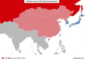 Cold war map of Asia after the Korean war in 1953