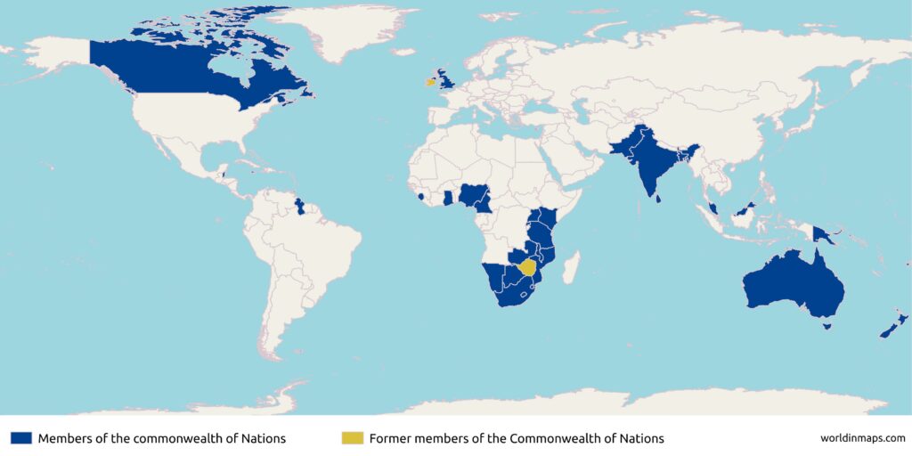map with members and former members of the Commonwealth of Nations