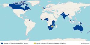 map with members and former members of the Commonwealth of Nations