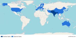 World map with the member states and the observer states of the South Asian Association for Regional Cooperation