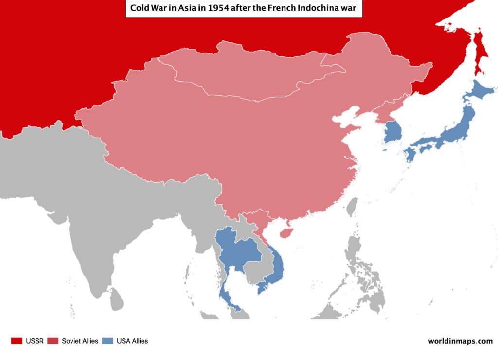 Cold war map of Asia after the French Indochina war in 1954