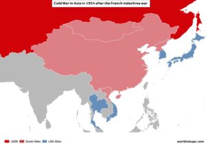 Cold war map of Asia after the French Indochina war in 1954