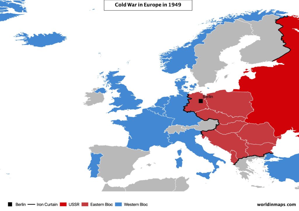 Cold war map of Europe in 1949 with the Iron Curtain