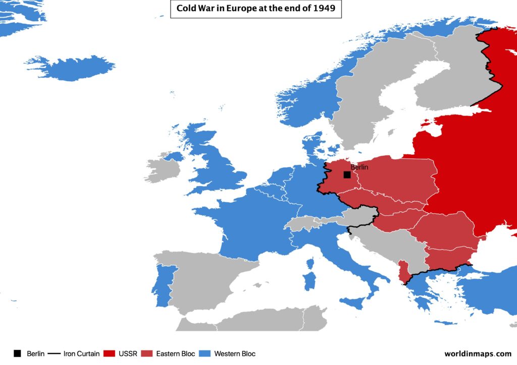 Map of the cold war in Europe at the end of 1949