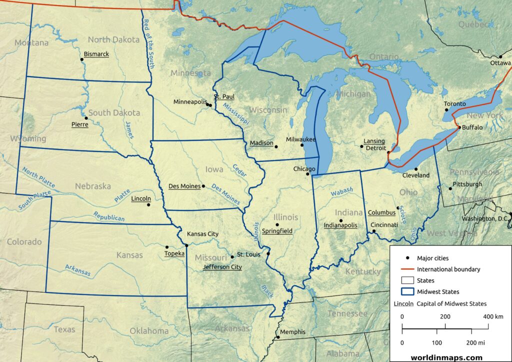 Map of the US Midwest region