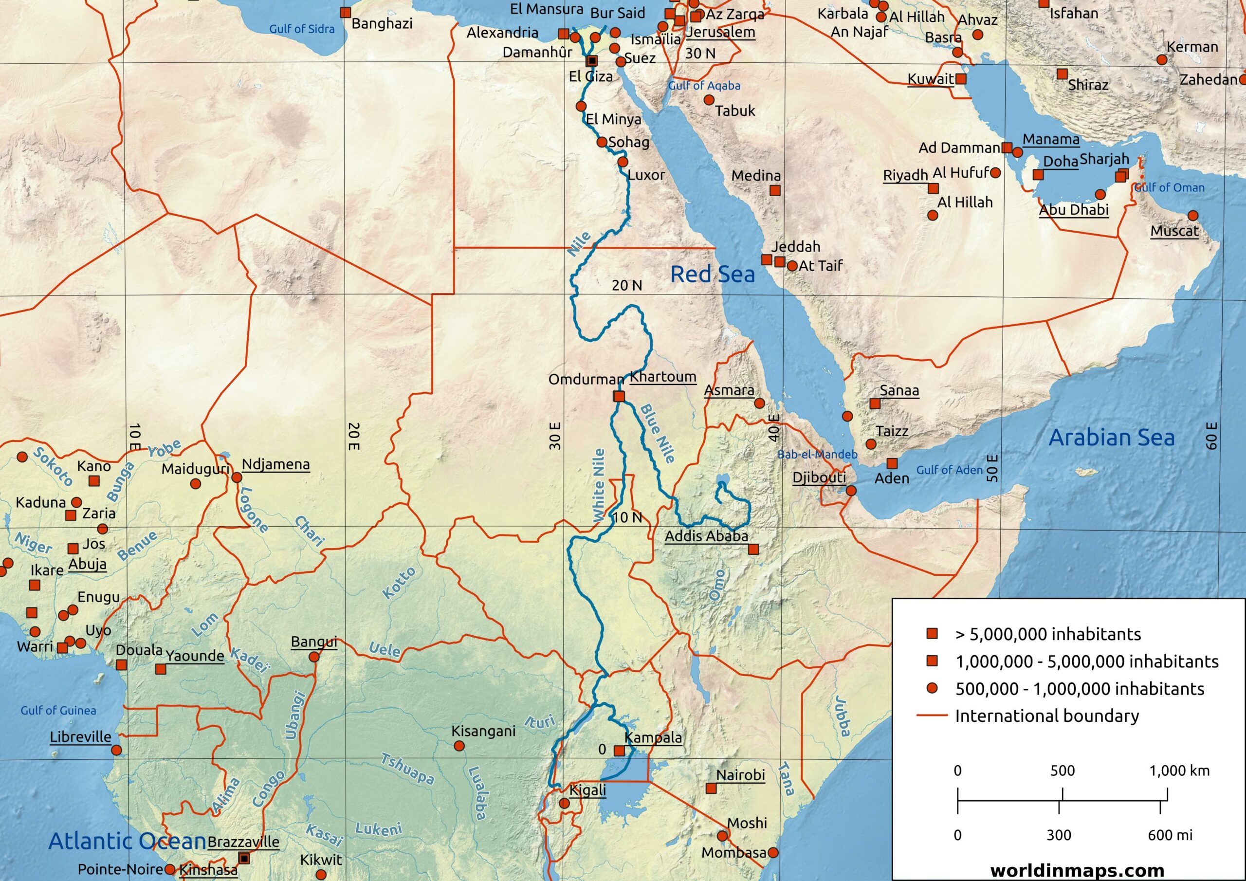 The Nile River basin. including its 11 countries, capital cities, major
